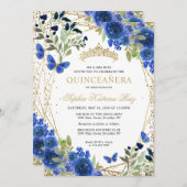 フローラネイビモダンーブルー金ゴールドティアラキンセアニラ 招待状 (正面/裏面)