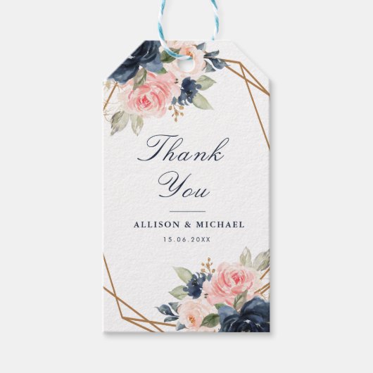 フローラネイビーと赤面の水の色ジオメトリック結婚ス ギフトタグ (正面)