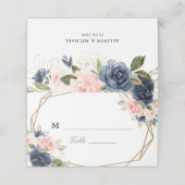 フローラネイビーと赤面の水の色ジオメトリック結婚ス プレイスカード (外部開封)