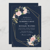 フローラネイビーと赤面の水の色ジオメトリック結婚ス 招待状 (正面/裏面)