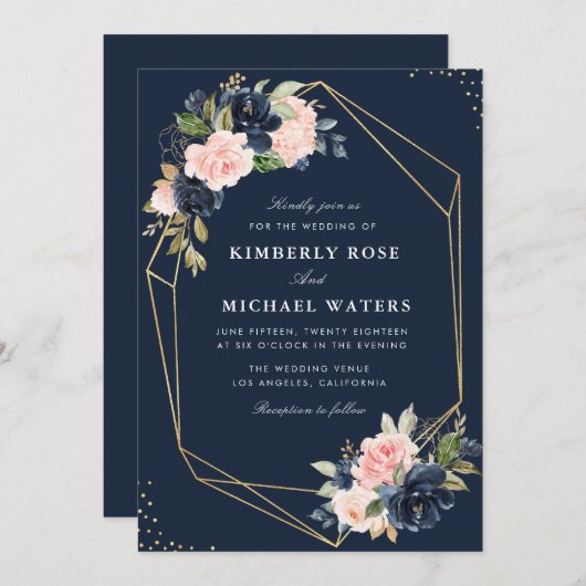 フローラネイビーと赤面の水の色ジオメトリック結婚ス 招待状 (正面/裏面)