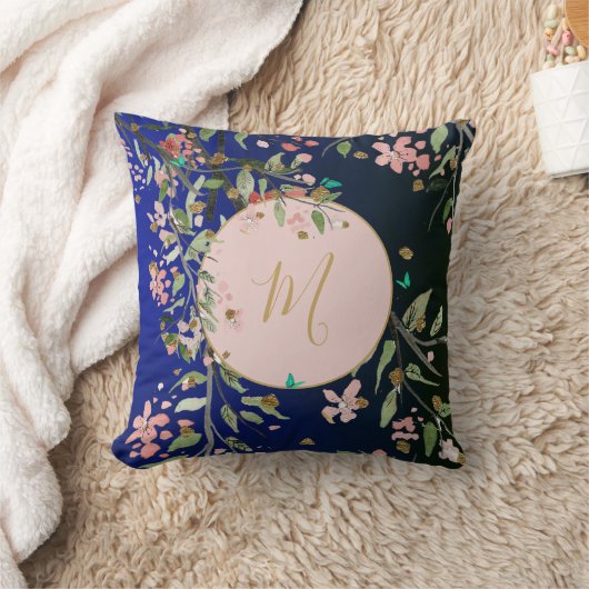 フローラネイビーエレガントピンク金ゴールドシノワセ クッション (ブランケット)