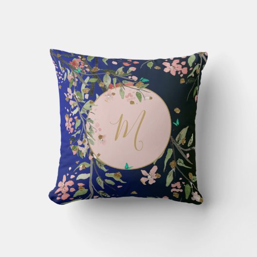 フローラネイビーエレガントピンク金ゴールドシノワセ クッション (正面)