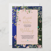 フローラネイビーエレガントブルーピンクと金ゴールドシノワセリー 招待状 (裏面)