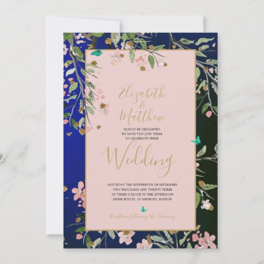 フローラネイビーエレガントブルーピンクと金ゴールドシノワセリー 招待状 (裏面)
