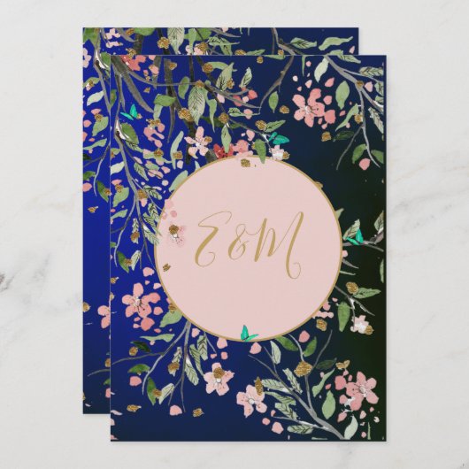 フローラネイビーエレガントブルーピンクと金ゴールドシノワセリー 招待状 (正面/裏面)