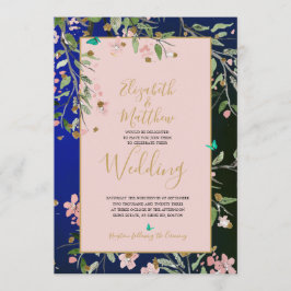 フローラネイビーエレガントブルーピンクと金ゴールドシノワセリー 招待状