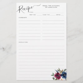 フローラネイビーエレガントブルーブルゴーニュレッドレシピカード