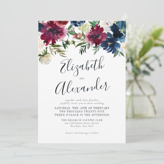 フローラネイビーエレガントブルー結婚ブルゴーニュ 招待状 (スタンド正面)