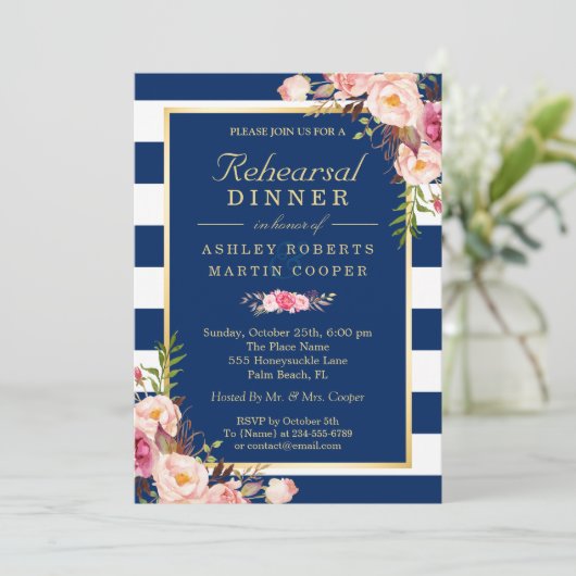 フローラネイビーストライプブルー結婚ズのリハーサルディナー 招待状 (スタンド正面)