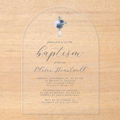 フローラネイビーダスティブルーシルバークロスボーイズバプテスマ アクリル招待状 (正面)