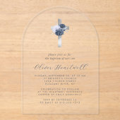 フローラネイビーダスティブルーシルバークロスボーイズバプテスマ アクリル招待状 (正面)