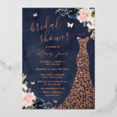 フローラネイビーバラ金ゴールドドレスブライダルシャワー 箔招待状 (正面)
