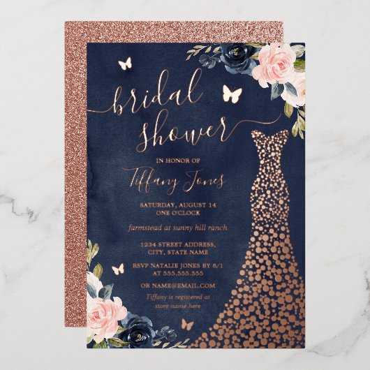 フローラネイビーバラ金ゴールドドレスブライダルシャワー 箔招待状 (正面/裏面)