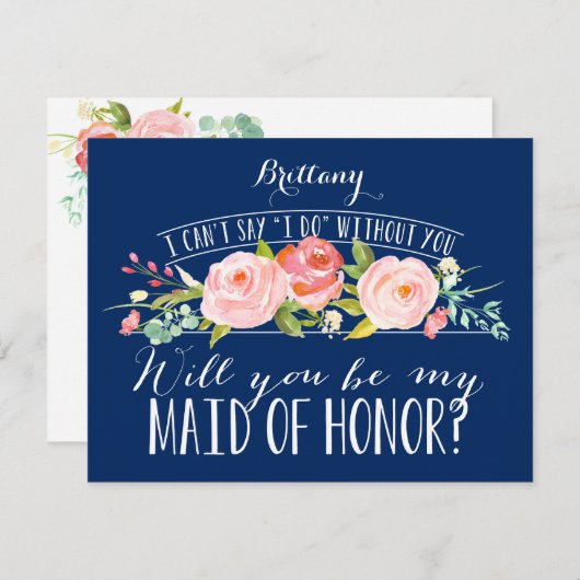 フローラネイビーブライズメイドメイド・オブ・オーナー(花嫁付き添い人)カード 招待状 (正面/裏面)