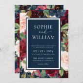 フローラネイビーブルゴーニュ赤面結婚式招待状 招待状 (正面/裏面)