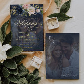 フローラネイビーブルーと赤面ピンク結婚フォト 箔招待状