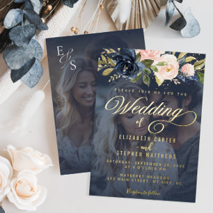 フローラネイビーブルーと赤面ピンク結婚フォト 箔招待状