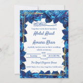 フローラネイビーブルーと金ゴールドフレームイスラーム結婚ズ 招待状 (正面)