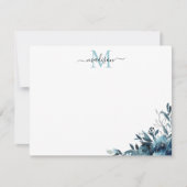 フローラネイビーブルーウォーター色バラ牡丹モノグラム ノートカード (正面)