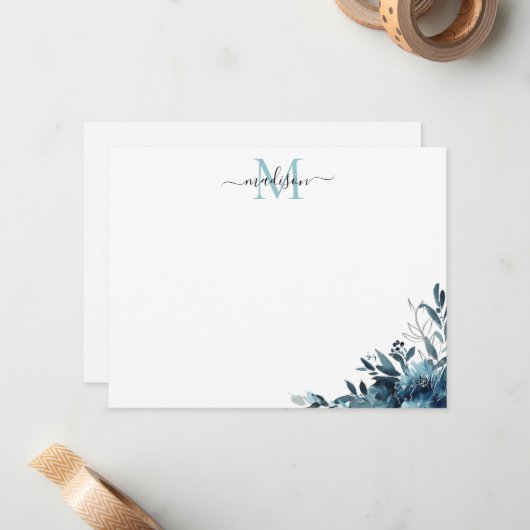 フローラネイビーブルーウォーター色バラ牡丹モノグラム ノートカード (正面/裏面インサイチュ)