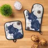 フローラネイビーブルーウォーター色 鍋つかみ&鍋敷きセット (トップダウン)