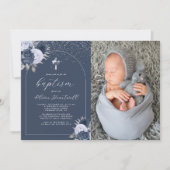 フローラネイビーブルークロスアーチ写真少年バプテスマ 招待状 (正面)