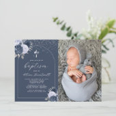 フローラネイビーブルークロスアーチ写真少年バプテスマ 招待状 (スタンド正面)