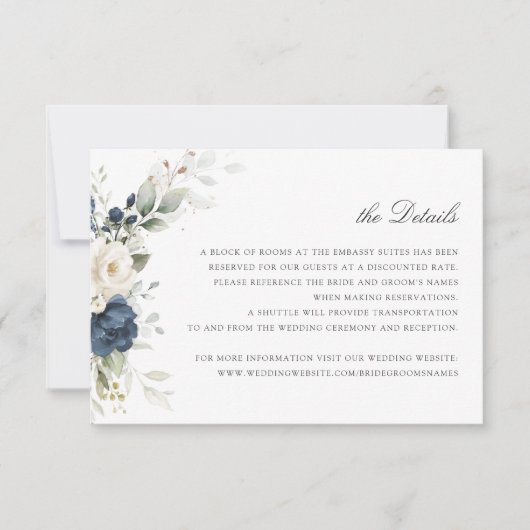 フローラネイビーブルーグリーン結婚リーの詳細の挿入 招待状 (正面)