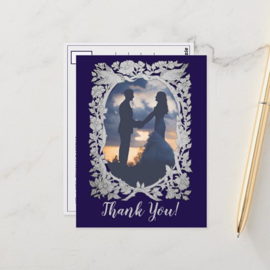 フローラネイビーブルーグレー結婚バードフォト感謝していズ ポストカード (正面/裏面インサイチュ)