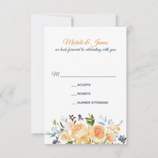 フローラネイビーブルーコーラルウェディングRSVPカード 招待状 (裏面)