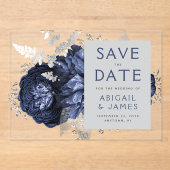 フローラネイビーブルーシルバーウェディング日付を保存 アクリル招待状 (正面)