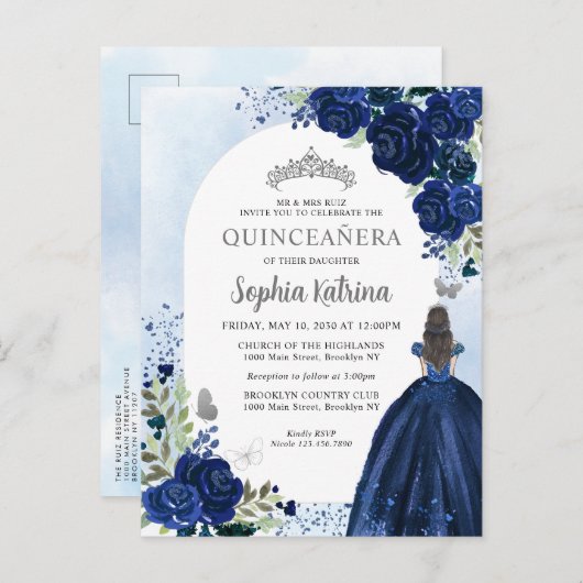 フローラネイビーブルーシルバーガウン誕生日キンセアニェラ インビテーションポストカード (正面/裏面)