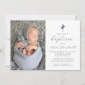 フローラネイビーブルーシルバークロスフォトボーイズバプテスマ 招待状 (正面)