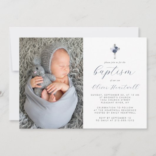 フローラネイビーブルーシルバークロスフォトボーイズバプテスマ 招待状 (正面)