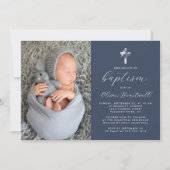 フローラネイビーブルーシルバークロスフォトボーイズバプテスマ 招待状 (正面)