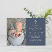 フローラネイビーブルーシルバークロスフォトボーイズバプテスマ 招待状 (スタンド正面)