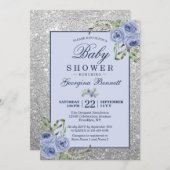 フローラネイビーブルーシルバースパークルベビーシャワー 招待状 (正面/裏面)