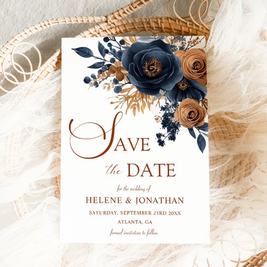 フローラネイビーブルーテラコッタガーデンエレガントウェディング セーブザデート