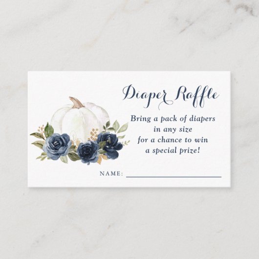 フローラネイビーブルーパンプキンベビーシャワーおむつラッフル エンクロージャーカード (正面)