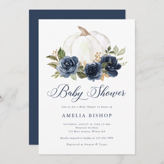 フローラネイビーブルーパンプキン金ゴールドリーフベビーシャワー 招待状 (正面/裏面)