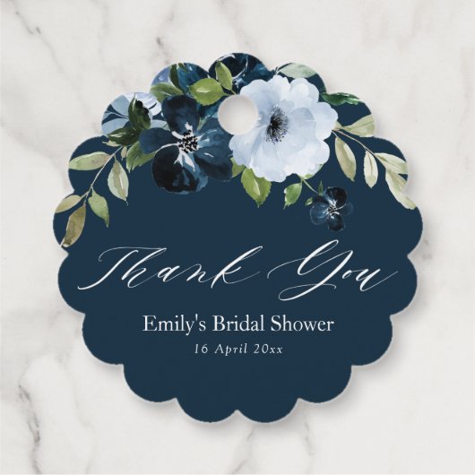 フローラネイビーブルーブライダルシャワー感謝していユー フェイバータグ (裏面)