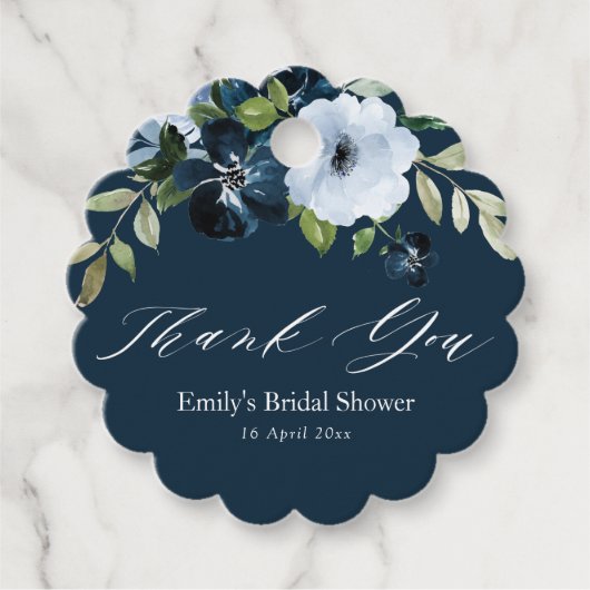 フローラネイビーブルーブライダルシャワー感謝していユー フェイバータグ (正面)