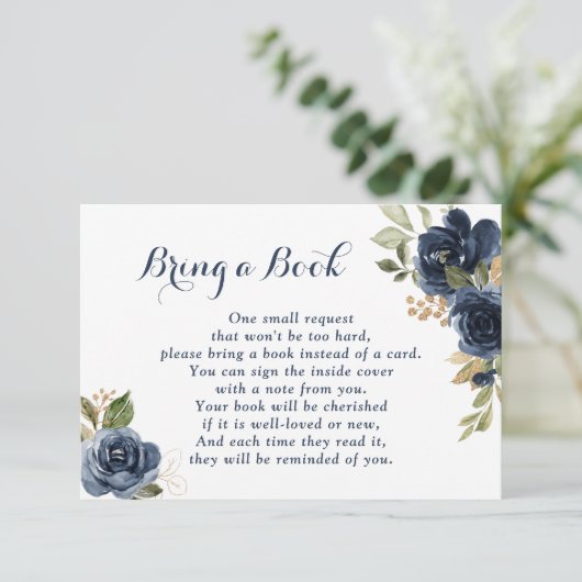 フローラネイビーブルーベビーシャワーが本を持ってくる 出欠カード (スタンド正面)