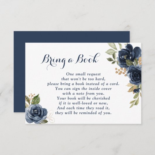 フローラネイビーブルーベビーシャワーが本を持ってくる 出欠カード (正面/裏面)