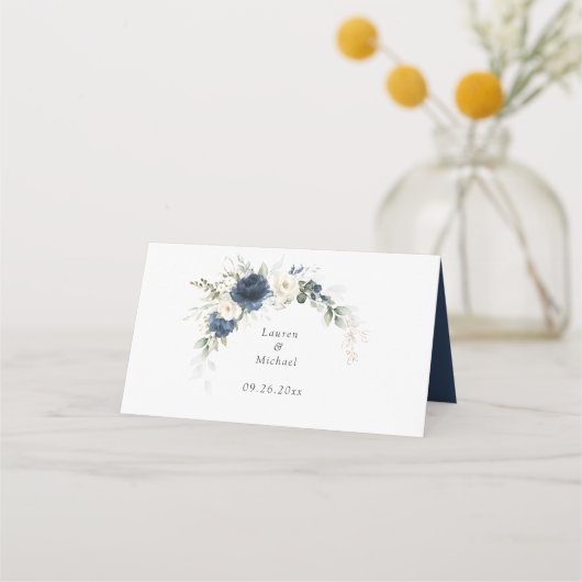 フローラネイビーブルーホワイトグリーン結婚リー座席表 プレイスカード (裏面)