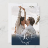 フローラネイビーブルーモノグラム写真QRコード結婚ズ 招待状 (裏面)