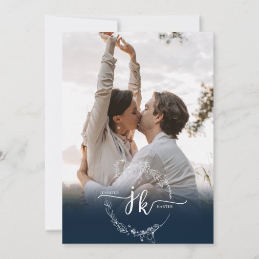 フローラネイビーブルーモノグラム写真QRコード結婚ズ 招待状 (裏面)