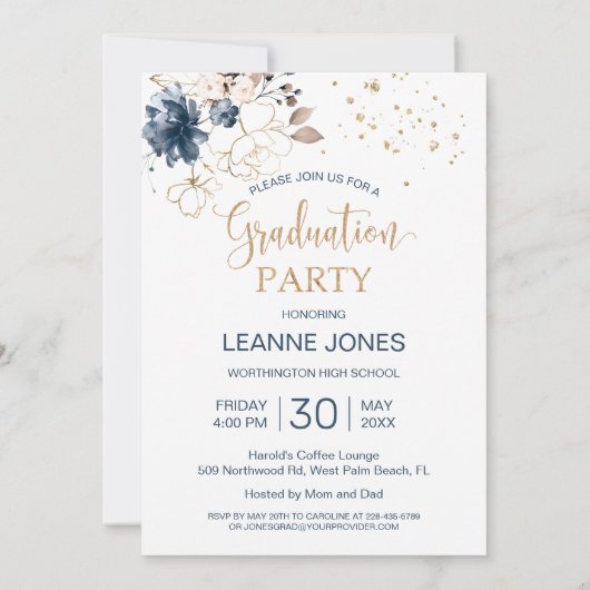 フローラネイビーブルー卒業パーティーの写真 招待状 (裏面)
