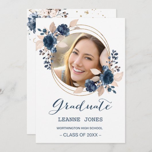 フローラネイビーブルー卒業パーティーの写真 招待状 (正面/裏面)